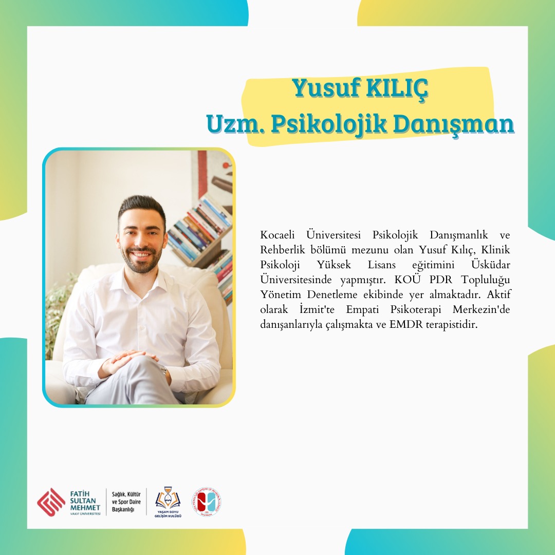 Psikolojik Danışman Yusuf KILIÇ Hocamızı daha yakından tanıyalım.✨ 
25 Haziran Pazar Günü Saat 11:10'da hocamız "Travma ve EMDR" konusu ile bizimle olacak.🩵

📍Katılım için: docs.google.com/forms/u/0/d/1M…

<a href="/fsmvu/">Fatih Sultan Mehmet Vakıf Üniversitesi</a>
<a href="/fsmvusks/">FSMVÜ SKS</a>