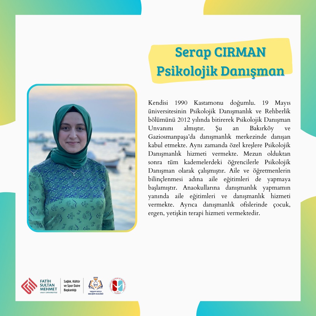 Psikolojik Danışman Serap CIRMAN Hocamızı daha yakından tanıyalım.✨ 
25 Haziran Pazar Günü Saat 12:40'da hocamız "Travma ve Oyun Terapisi" konusu ile bizimle olacak.🩵

📍Katılım için: docs.google.com/forms/u/0/d/1M…

<a href="/fsmvu/">Fatih Sultan Mehmet Vakıf Üniversitesi</a>
<a href="/fsmvusks/">FSMVÜ SKS</a>