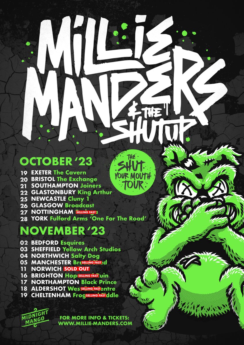 Don't go crying on us if you miss out....
Nottingham is now at 40% sold.
Aldershot and Brighton now have a third of tickets gone.
Cheltenham have sold a quarter of all tickets. 
We don't even have the full updates yet! GET. YO. TIX. QUICK!
linktr.ee/milliemanders