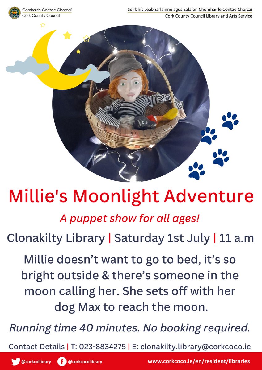 As part of our Library Arts programme Clonakilty Library will have a puppet show on July 1st at 11.00 a.m. Hear about Mollie’s Moonlight Adventure, where our heroine makes a plan to travel to the Moon! 
#Iloveclonakilty
#clonakiltyoldtimefair
#southofIrelandbandchampionships