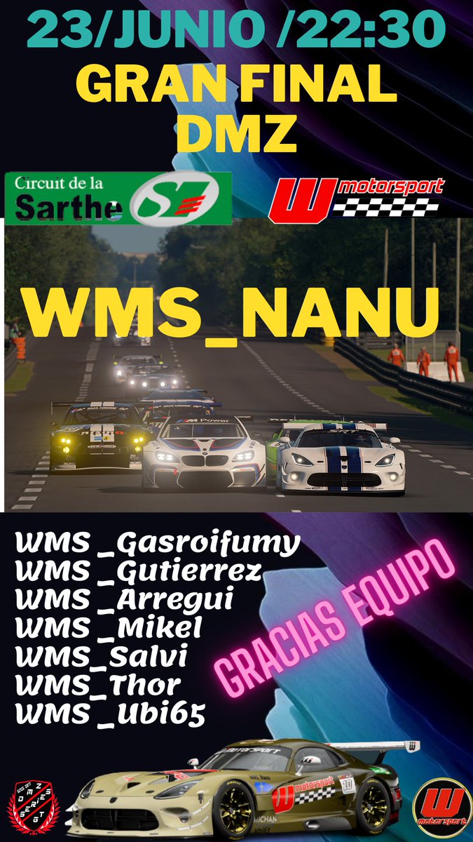 Suerte esta noche a nuestro compañero <a href="/Nanu14_29/">NANU</a>
Y enhorabuena a todo el equipo <a href="/motorsport_w/">W. MOTORSPORT</a> por todo el trabajo realizado a lo largo del campeonato <a href="/DmzSeries/">Campeonatos DMZ Series GT</a>