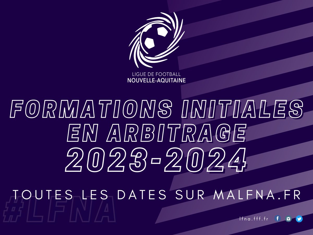 LigueFootballNA's tweet image. [ Formations d'Arbitres ]

📅 C'est tout frais ! Voici les dates des #Formations #Initiales en #Arbitrage (FIA) pour la saison 2023/2024.  

🔗 malfna.fr/formations-dar…
