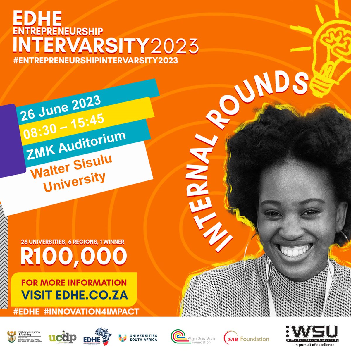 wsu_cferi's tweet photo. Exciting news! 🎉 WSU-CfERI is hosting the WSU EDHE InterVarsity Competition Internal Rounds on June 26, 2023, at the ZMK Auditorium (Mthatha Campus). Join us as we recognize and showcase the top student entrepreneurs from South African public universities! #EDHEIntervarsity https://t.co/GLCW74yKjg