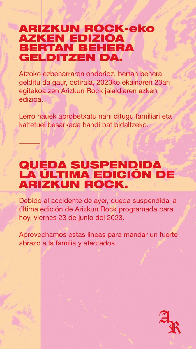ArizkunRock's tweet photo. ARIZKUN ROCK-eko AZKEN EDIZIOA BERTAN BEHERA GELDITZEN DA.
---
QUEDA SUSPENDIDA LA ÚLTIMA EDICIÓN DE ARIZKUN ROCK. https://t.co/jrRevtuogl