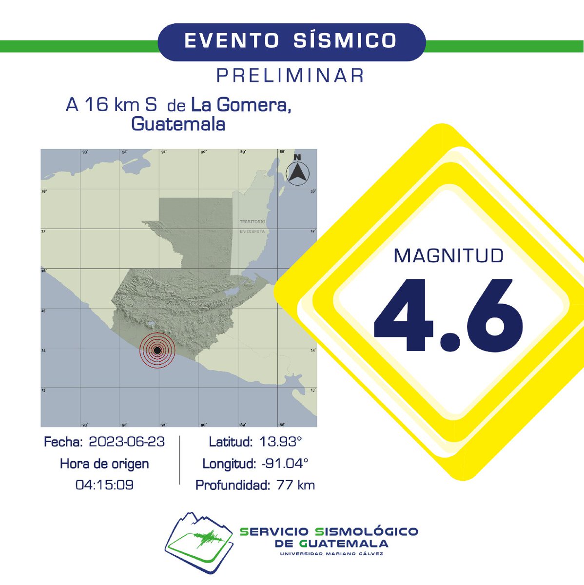 PRELIMINAR
Sismo registrado a 16 km S de La Gomera, Guatemala. #Temblor #TemblorGT #Sismo #SismoGT