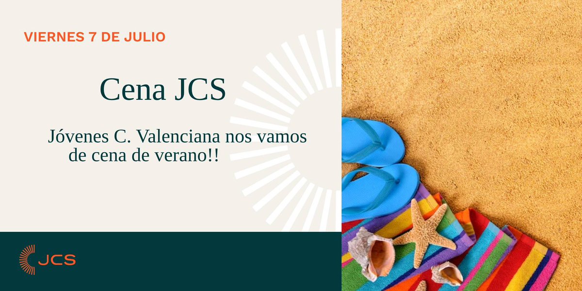 JÓVENES!! 

☀️Ha llegado el verano y tenemos mucho que comentar y muchas ganas de pasarlo bien!!

⛱️Anota en tu agenda:

📆El próximo viernes 7 de julio tendremos CENA JCS C. Valenciana!

Próximamente os iremos dando más información! Estad atentos!!

#JóvenesSomosPresente