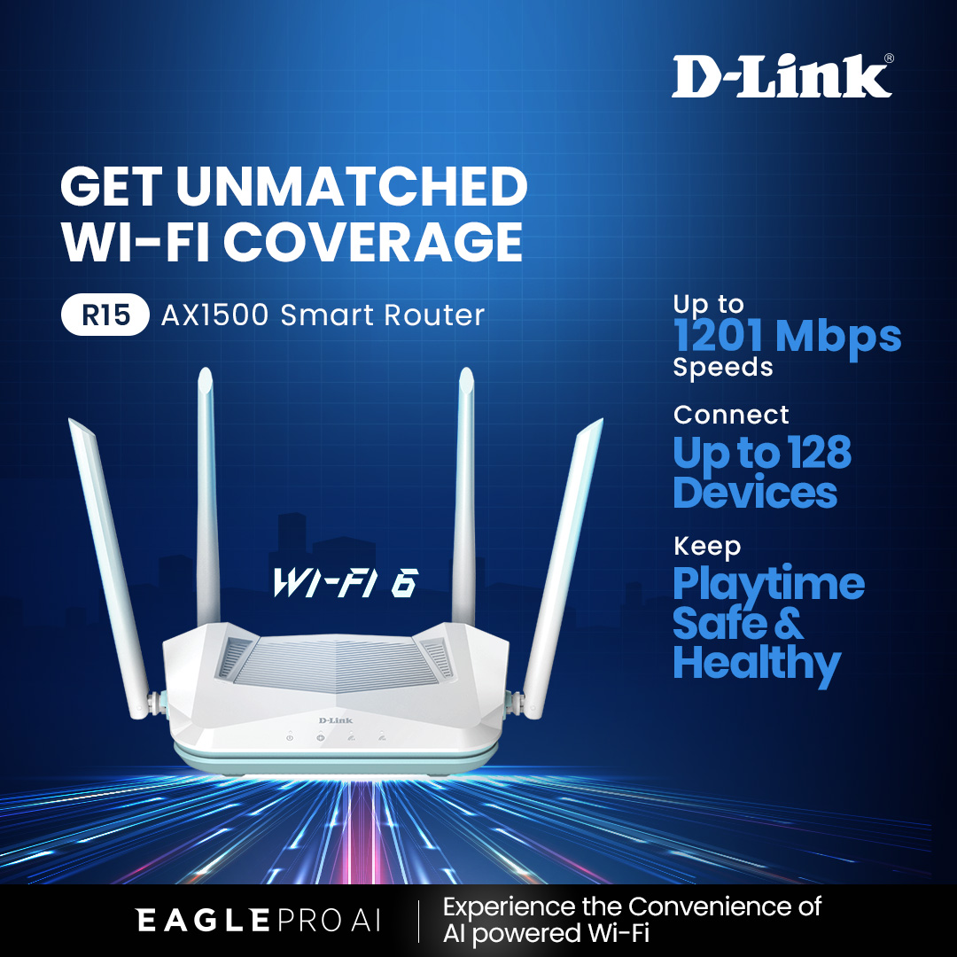 DLink_India's tweet image. D-Link R15 (Wi-Fi 6) Router is part of the revolutionary EAGLE PRO AI series. Packed with advanced AI features it keeps Wi-Fi performing at its best. Managing network made easier with AI Assistant, free mobile app. 
Read more👉tinyurl.com/4f2h9273
#homewifi #mesh  #homerouter