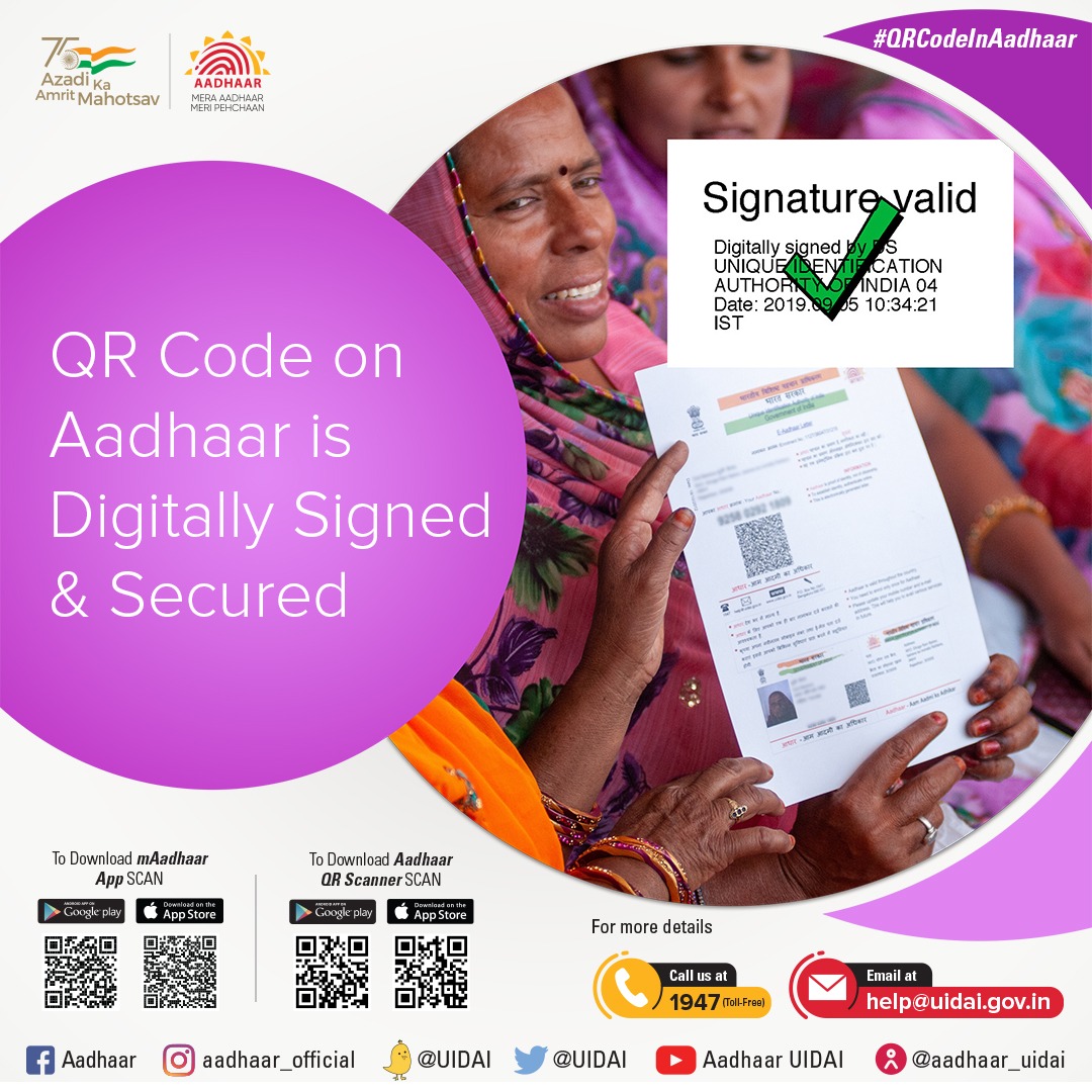 UIDAIHyderabad's tweet photo. #VerifyAadhaarBeforeUsage QR Code on all forms of #Aadhaar is   digitally signed and secured. Any Aadhaar can be verified using the QR code   available on all forms of Aadhaar using #mAadhaarApp or Aadhaar QR code   Scanner. @ceo_uidai @GoI_MeitY @mygovindia https://t.co/RH3ghZ56Rd