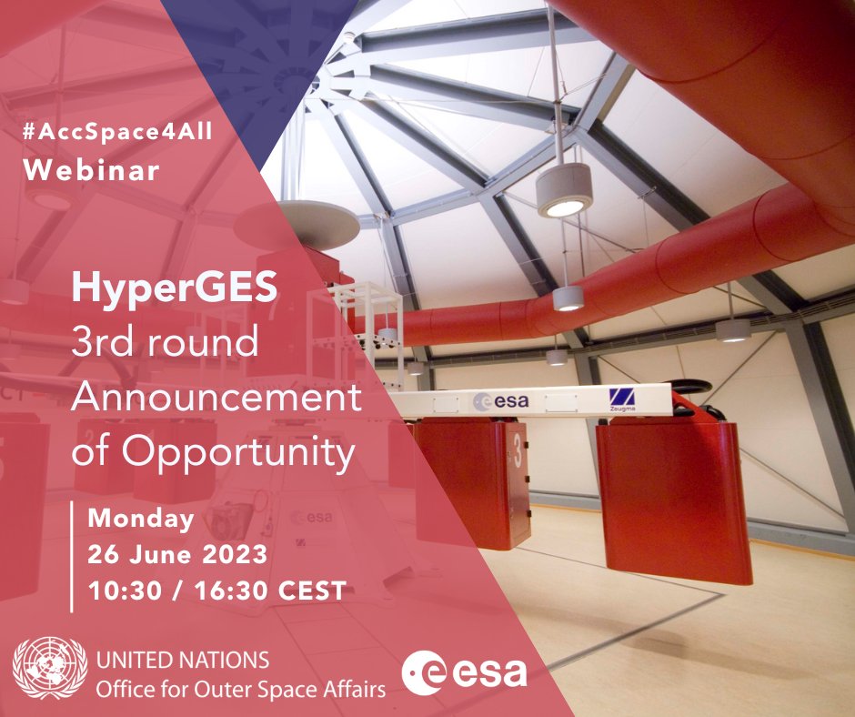 UNOOSA's tweet photo. 🚨A new round of the #HyperGES opportunity is open!
Explore what you can do in hypergravity research & join us to learn how to prepare an application!
🗓️Our webinars on MONDAY 26 June at 10:30 & 16:30 CEST are open to everyone!
Register👉https://t.co/Uf3Mu2BzqS
#AccSpace4All https://t.co/a9BKjOlR6C