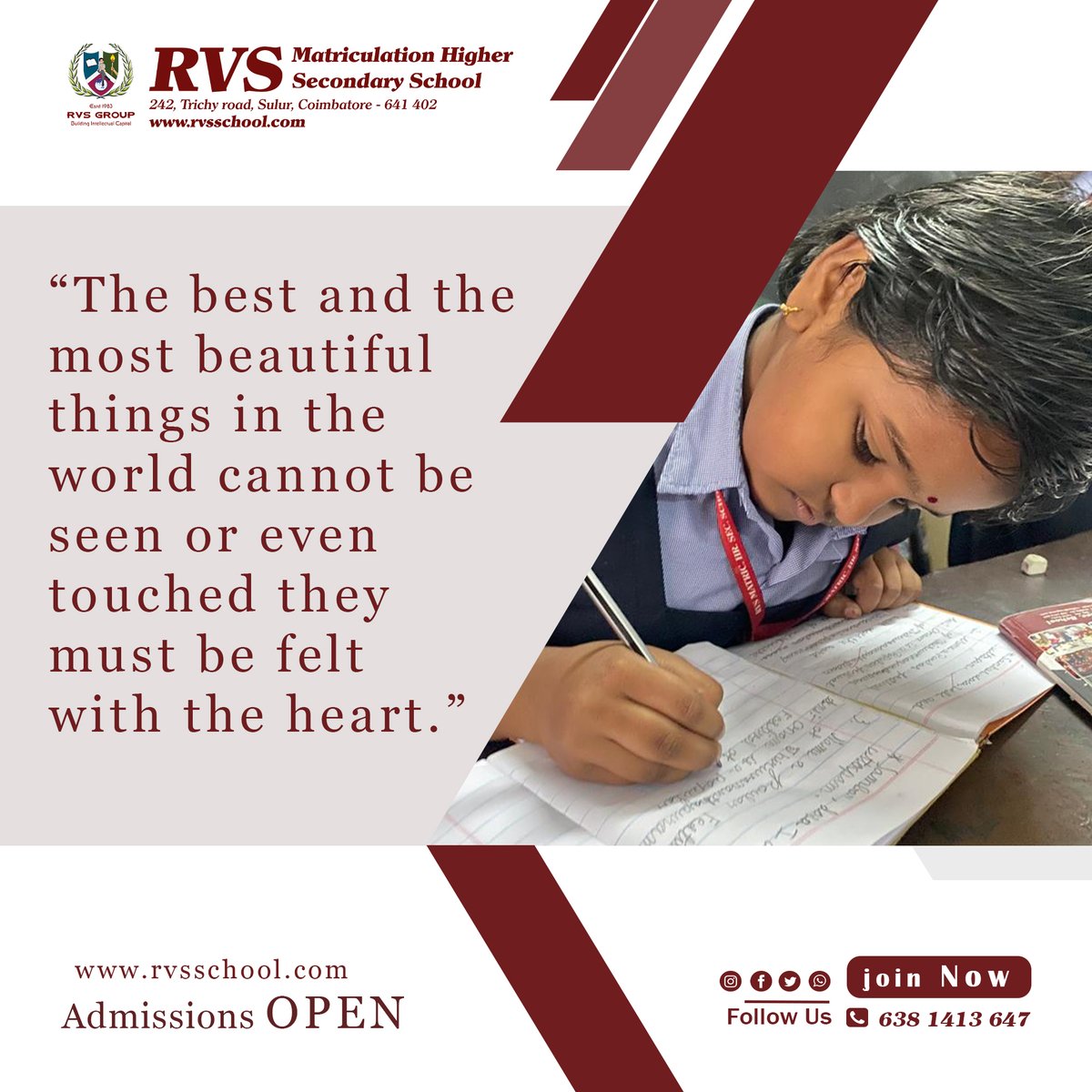 The best and the most beautiful things in the world cannot be seen or even touched -they must be felt with the heart.
#coimbatoreschool #coimbatoreschools #sulur #sulurschool
#rvsschool #rvsmatriculationhrsecschool #schoollife #classroom #schoolmemories
#happybirthday