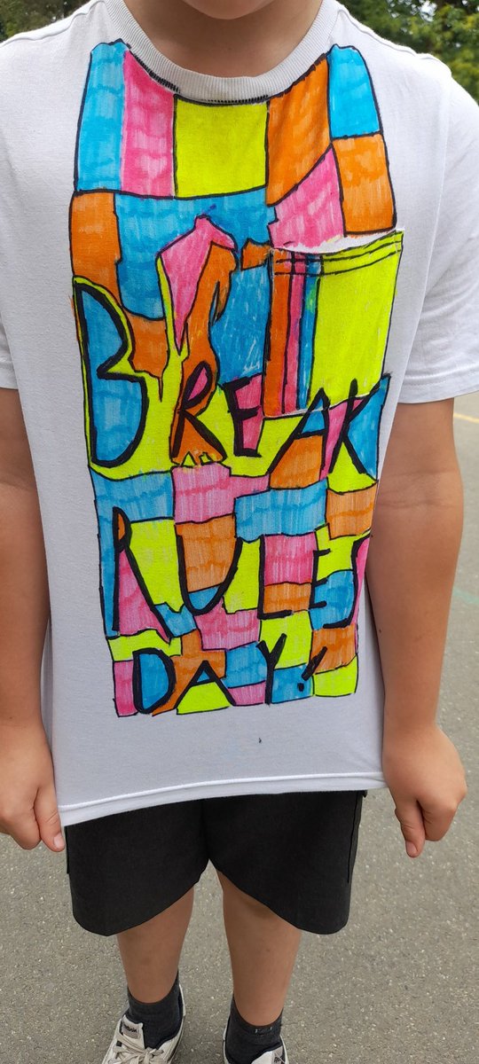 SevenoaksPri's tweet photo. What a fun PTA 'Break the Rules Day' and well done to one of our Year 3 children who designed and created this fabulous and imaginative T shirt! 👕 #SPSValues #creativity #imagination #colourful #fundraising #supportourPTA #thankyou https://t.co/PttkUXKwFL