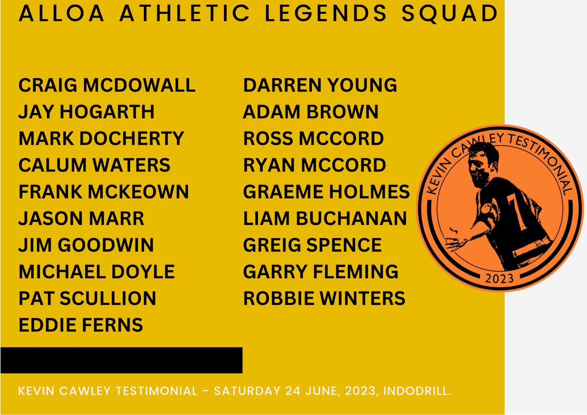 🐝 <a href="/AlloaAthleticFC/">Alloa Athletic FC</a> Legends 🐝

Here is your full squad list of the returning heroes of Alloa tomorrow for Cawley’s testimonial. 

Massive thank you to the guys. 

We are also told that some of our current stars may make a cameo too. 

Who are you most looking forward to see? 🤩