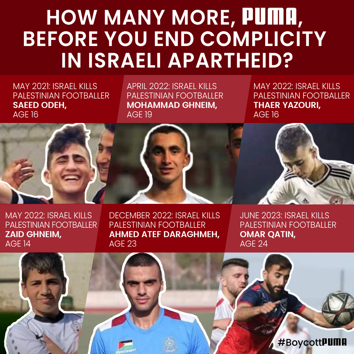 srutimd's tweet photo. Israel killed another Palestinian footballer.

Omar Qatin (24) was defending neighbors in Turmus Ayya from one of many settler pogroms this week.

Until @PUMA ends complicity in Israeli apartheid, I will #BoycottPUMA! 

Join me:
https://t.co/kolVKx4u92 https://t.co/r6depv2VWF