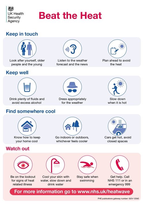 ☀ As the heatwave continues remember here are some tips to help to 'beat the heat'.
It's important to:

💧 stay hydrated
🧴 wear sun cream
⛱️ spend time in the shade