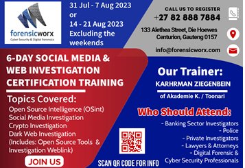 forensicworx's tweet photo. Register for our 6-Day Social Media &amp; Web Investigation Course Dates: 31 July - 7 Aug or 14 Aug - 21 Aug 2023 Email: info@forensicworx.com #socialmediainvestigation #webinvestigation #darkwebinvestigation #gauteng #southafrica https://t.co/71EAmKo5SO