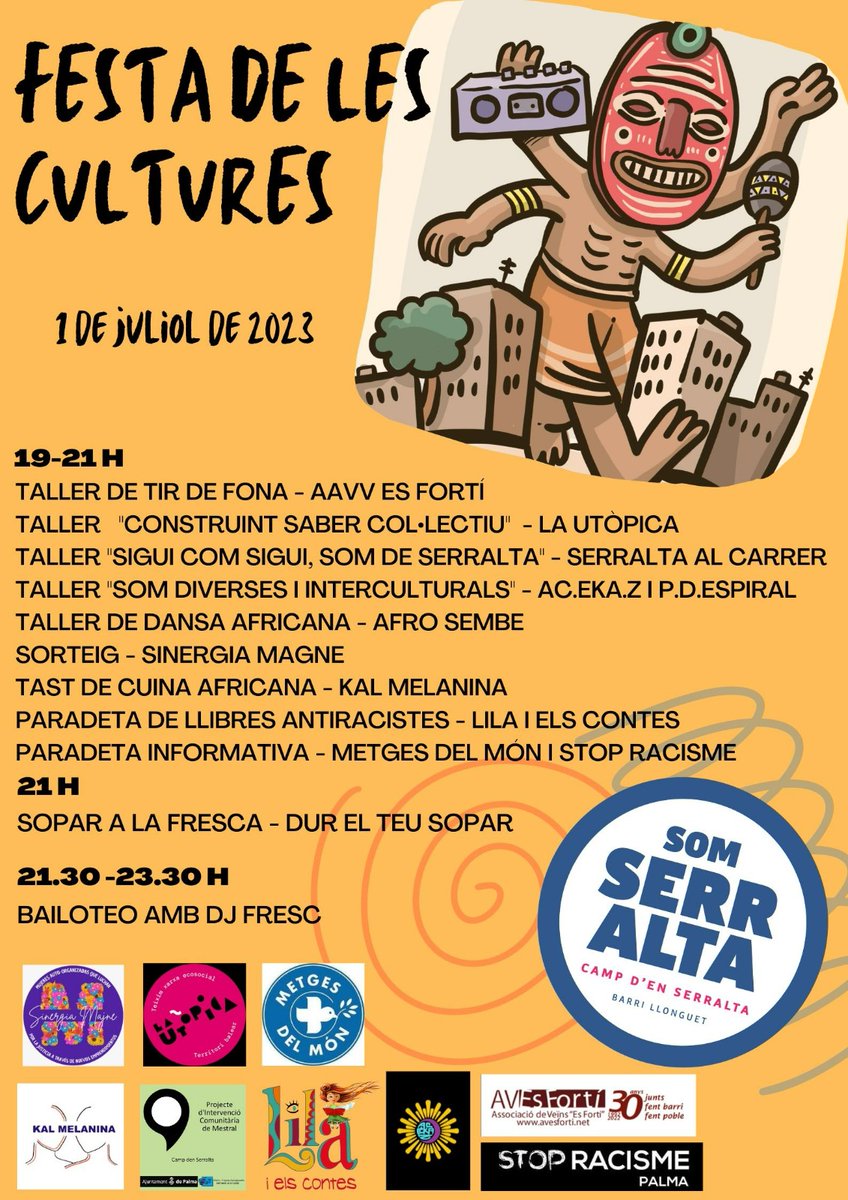 SomSerralta's tweet photo. 📍La Festa de les Cultures torna a Serralta amb dansa africana, tir de fona, hip hop, mostra gastronòmica i molta reflexió!

Activitats per a infants i adults, sopar a la fresca, música... Vos hi esperam! Veniu a reivindicar l'orgull de ser un barri divers i antiracista! 😍 https://t.co/rWG6NlYCEt