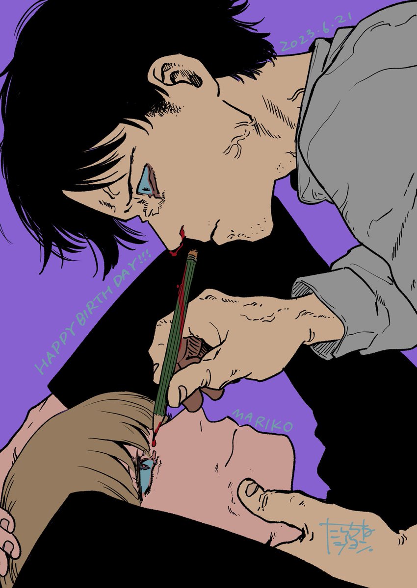 🎁誕生日プレゼントにたらちねジョン先生(@new_john1 )と中条亮先生(@Nakajyo_ )があくたの死に際のイラストを描いてくれました!!嬉しくてずっと見ちゃう😭♡神絵師たち激忙しいなかほんとにありがとうっ!!壁に飾ります!!! 