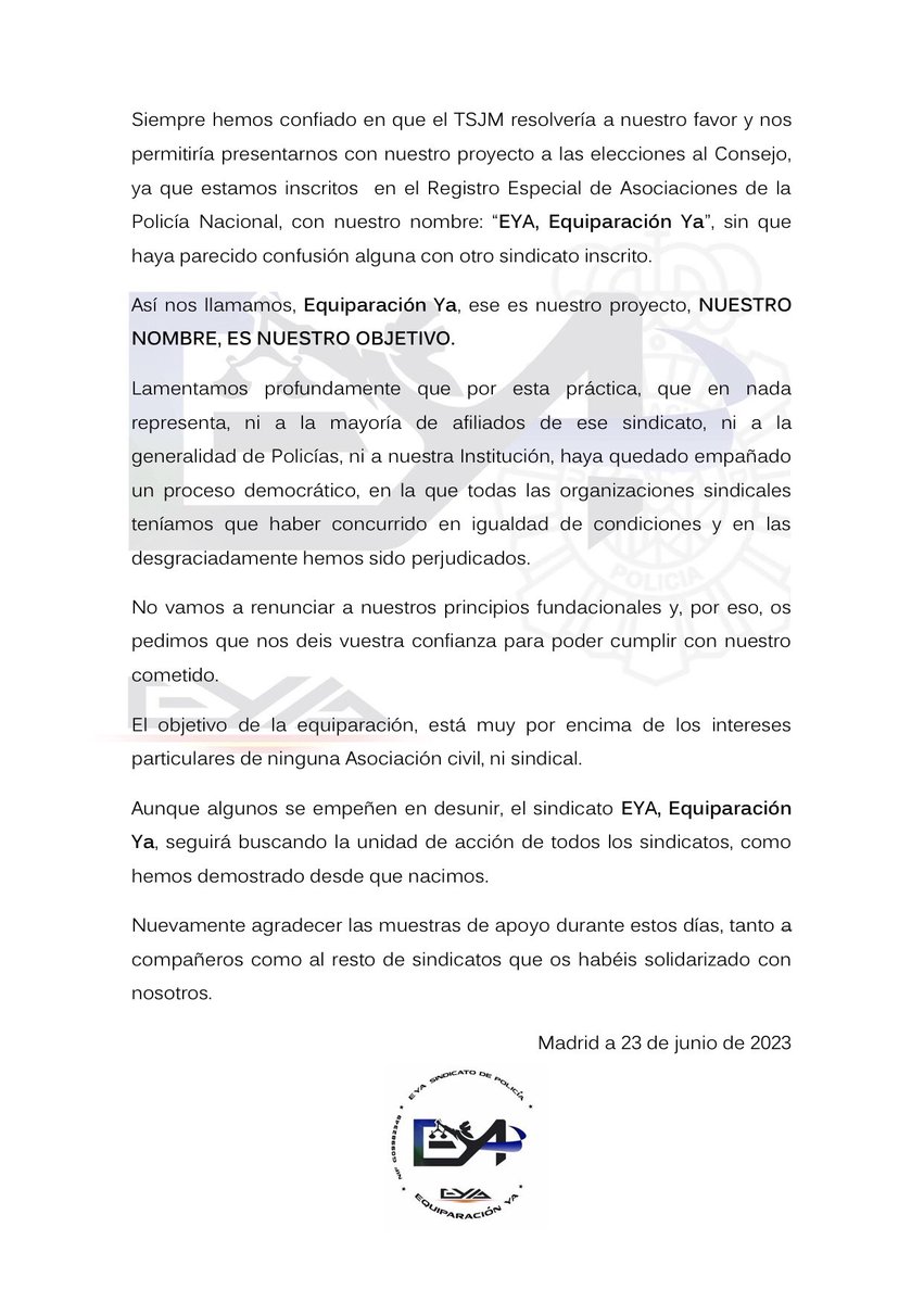 EYAPolicia's tweet photo. El juzgado nos da la razón

Nuestro proyecto continúa cerril pese al intento de cercenar nuestros derechos

Agradecemos la labor de nuestros letrados Vanessa Campos García y @AntonioLVazquez

       VOTA con cabeza #VotaEYA
VOTA sindicato #EquiparacionYa 

#TenemosAlgoEnComun https://t.co/K0npMbe8Hu