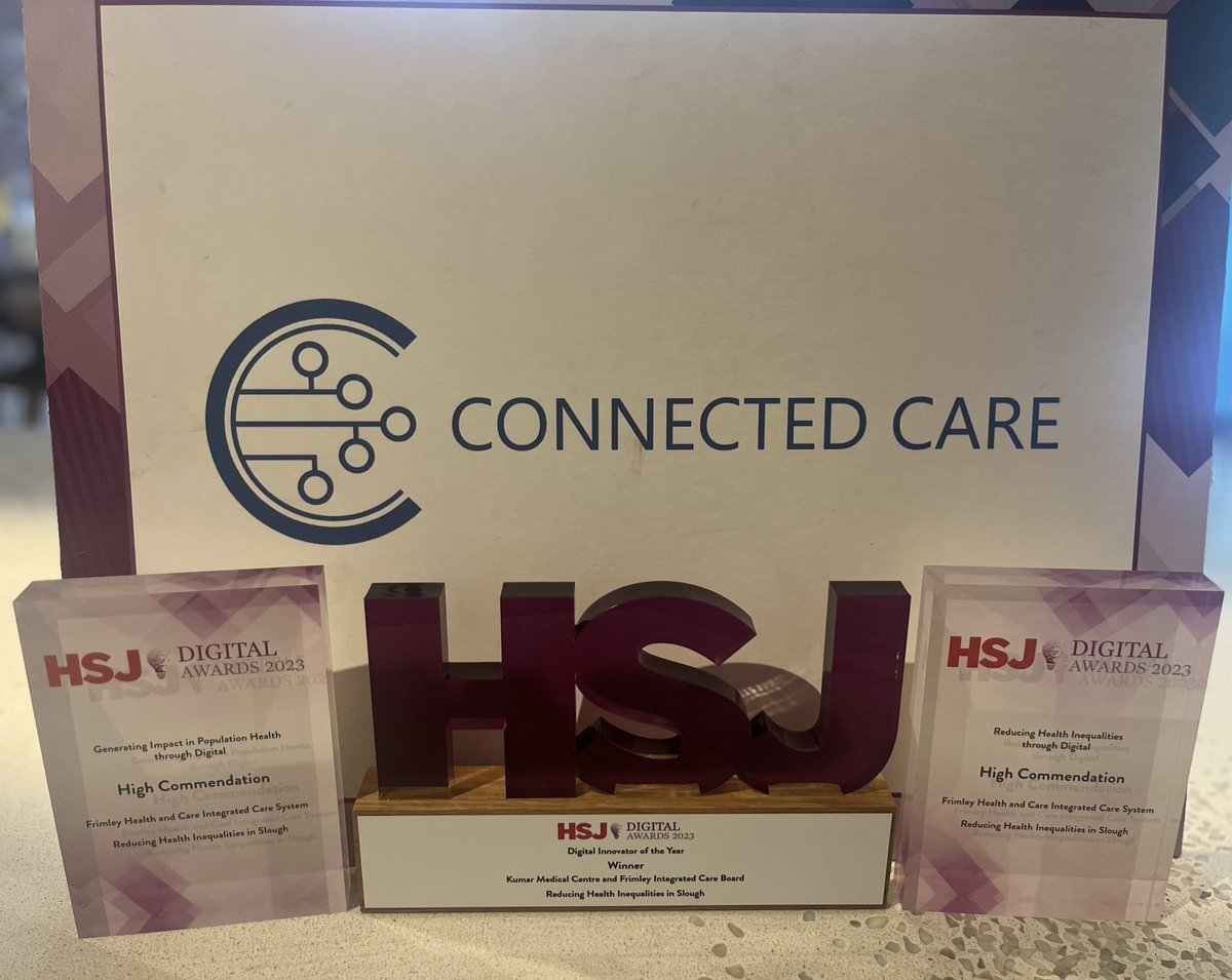 PKGP07's tweet photo. @FrimleyHC took home 3 awards at the first ever #HSJDigitalAwards for Reducing Health Inequalities in Slough. Thanks to all the hard work of the entire team @ConnectedCare__ https://t.co/O94xsgckk1