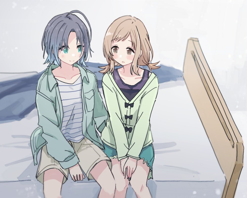 sakuragi mano multiple girls 2girls sitting ahoge shirt gradient hair blue hair  illustration images