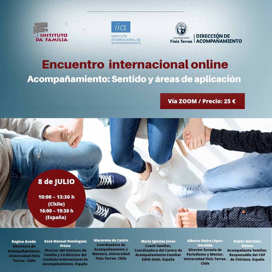 institutodafamilia.es/encuentro-inte…
👋 Un encuentro sobre Acompañamiento desde múltiples perspectivas: método, áreas de aplicación, objetivos... y se ofrecerán  testimonios y casos prácticos. #encuentroonline #webinar #crecimientopersonal #acompañamientopersonal #terapia #coaching #Chile