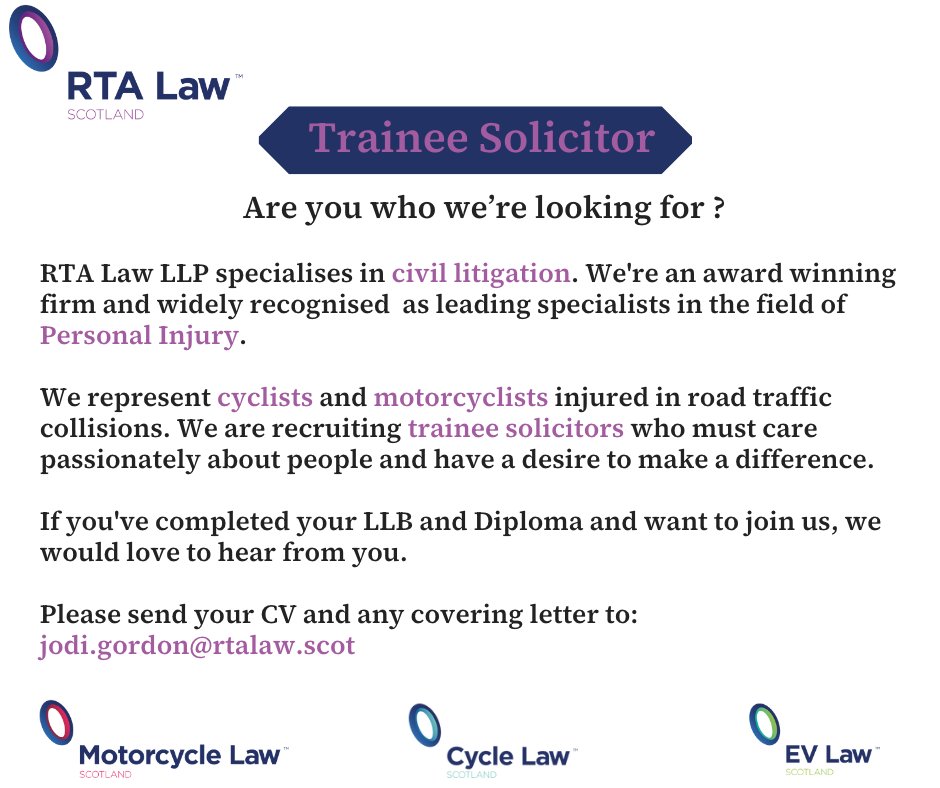 If you've got an LLB, a Diploma, you love two wheels and you're passionate about helping people, then you need to be speaking to us.

#LLB #Diploma #Trainee #Solicitor #Cyclist #Motorcyclist #Litigation #RoadTrafficLaw #collisions #PersonalInjury