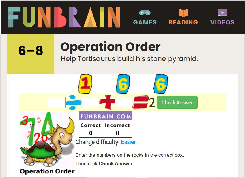 I4C: Operation Order. Help Tortisaurus build his stone pyramid. Enter the numbers on the rocks in the correct box. (3 levels of difficulty) i4c.xyz/y7srkazy #edchat #6thchat #7thchat #8thchat #algebra