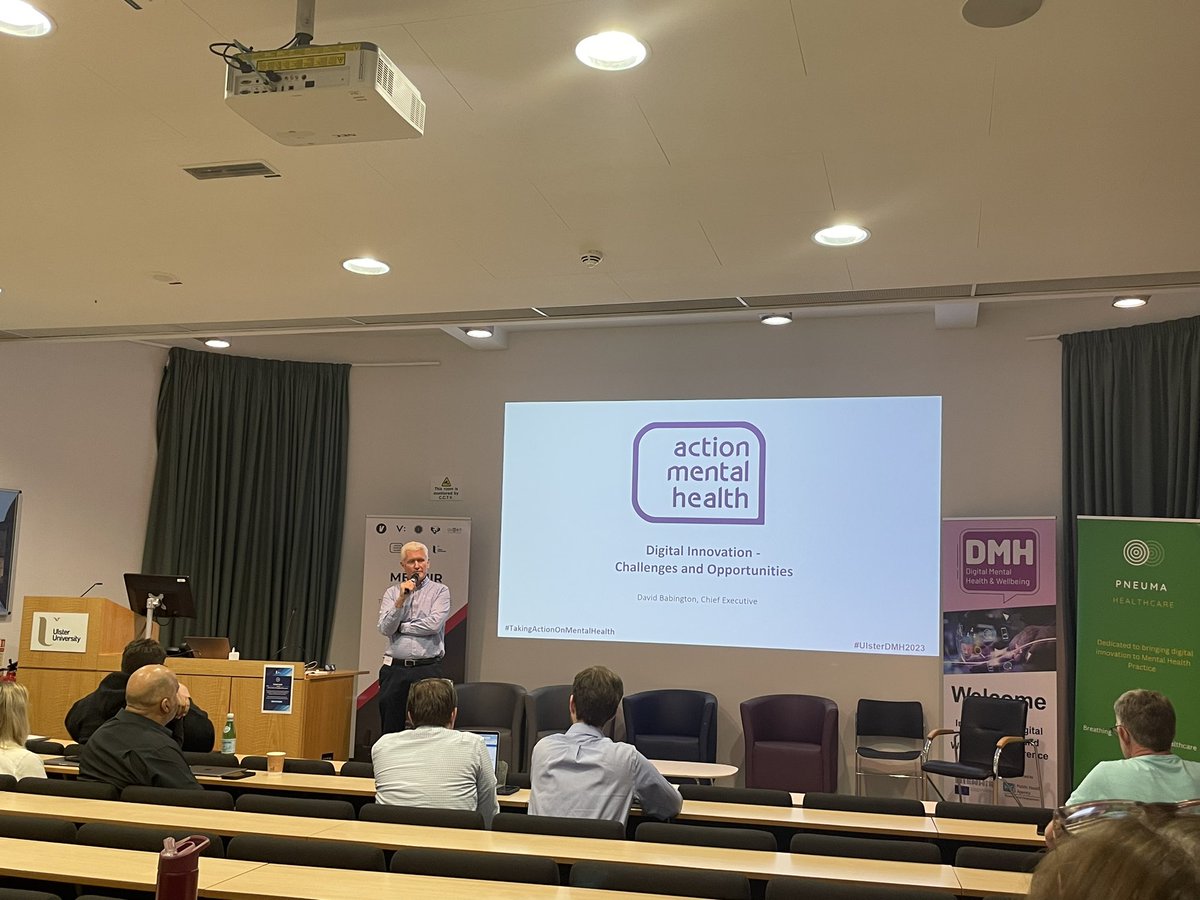 amhNI's tweet photo. AMH CEO David Babington spoke at today’s @DMH2023 at @UlsterUni, looking at key challenges facing the third sector and how digital interventions and digital transformation can help support better mental health services in Northern Ireland. https://t.co/POf1DmdjjE