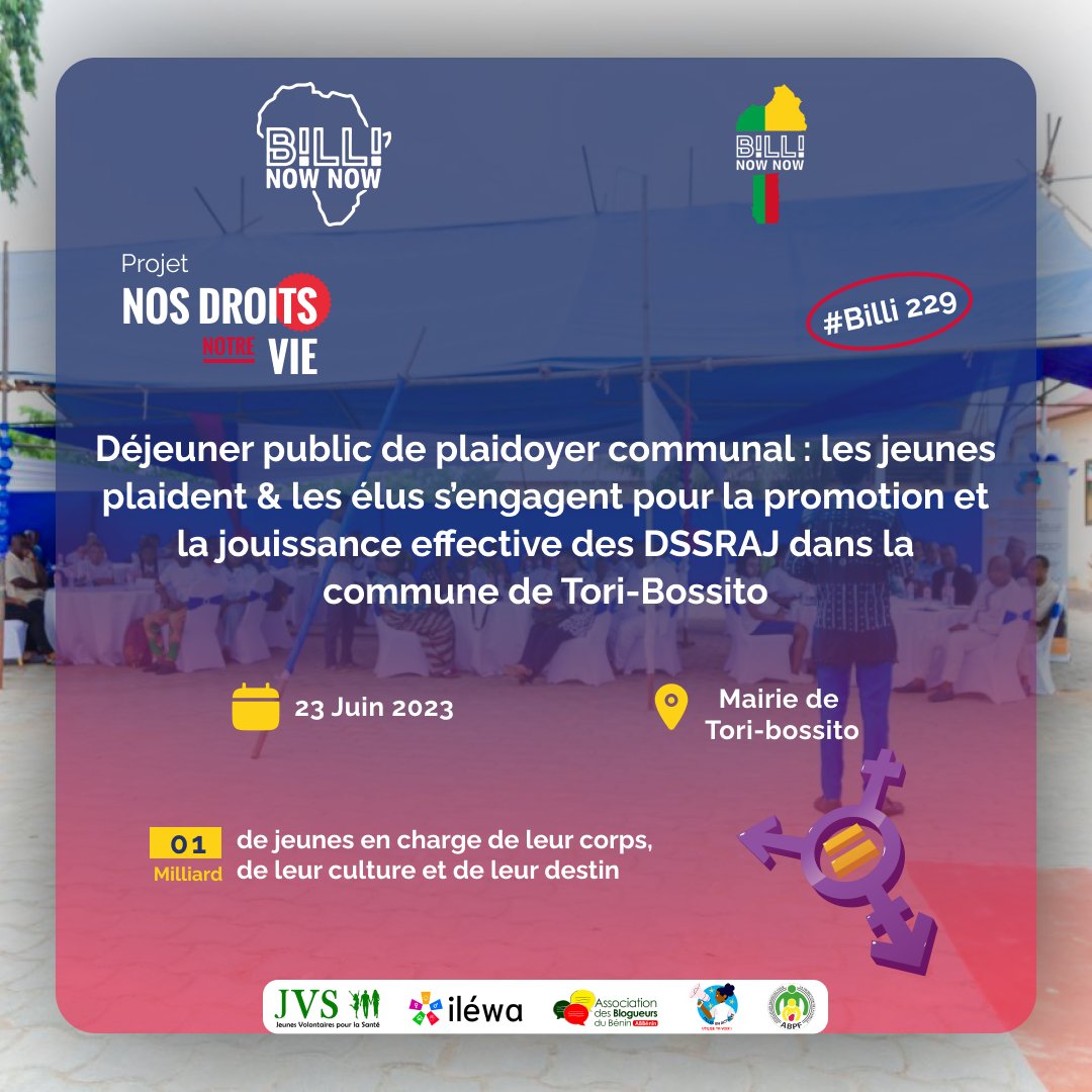 Filles en Actions (@fillesactions) on Twitter photo C'est officiel!!! Démarrage effective du déjeuner public de plaidoyer communal. Cette activité qui rassemble les autorités communales, locales, les parties prenantes et bien sur les jeunes Billi de la commune de Tori bossito.
<a href="/ppglobe/">Planned Parenthood Global</a>
<a href="/JVSAssociation/">Association Jeunes Volontaires pour la Santé</a>
<a href="/ab_benin/">Blogueurs du Bénin</a>
#DSSR #PFAS C'est officiel!!! Démarrage effective du déjeuner public de plaidoyer communal. Cette activité qui rassemble les autorités communales, locales, les parties prenantes et bien sur les jeunes Billi de la commune de Tori bossito.
<a href="/ppglobe/">Planned Parenthood Global</a>
<a href="/JVSAssociation/">Association Jeunes Volontaires pour la Santé</a>
<a href="/ab_benin/">Blogueurs du Bénin</a>
#DSSR #PFAS