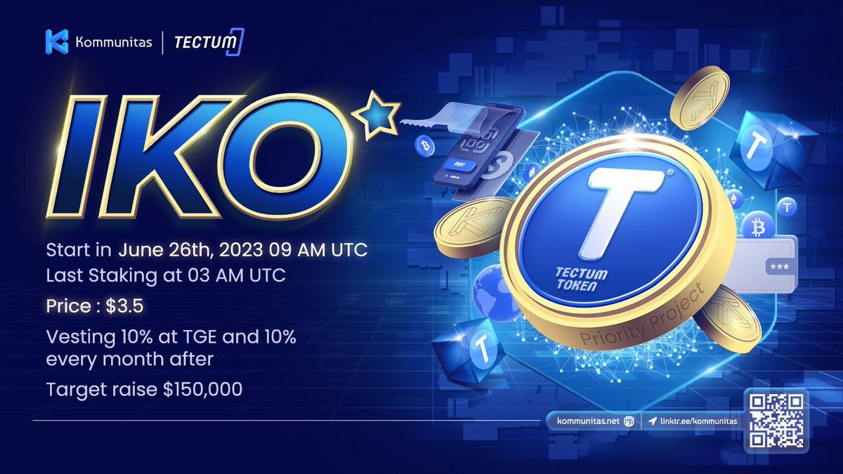 Kommunitas Official (@kommunitasnet) on Twitter photo 🥳 Kommunitas is pleased to hold our Priority #IKO with <a href="/tectumsocial/">Tectum</a> !
💰 Tectum uses its #Bitcoin node and overlay network to facilitate on-chain transfers with low fees and fast transaction times. Read more: link.medium.com/EtpmCdQxRAb
➡️ Vote now: launchpad.kommunitas.net/pool/TET/Publi… 🥳 Kommunitas is pleased to hold our Priority #IKO with <a href="/tectumsocial/">Tectum</a> !
💰 Tectum uses its #Bitcoin node and overlay network to facilitate on-chain transfers with low fees and fast transaction times. Read more: link.medium.com/EtpmCdQxRAb
➡️ Vote now: launchpad.kommunitas.net/pool/TET/Publi…