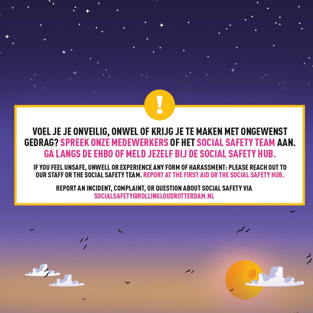We love a party, and so do you. To keep it fun for yourself and those around us, Rolling Loud follows a code of conduct.

Don’t feel well, unsafe or are you being harassed? Don’t hesitate to speak to one of our staff members.