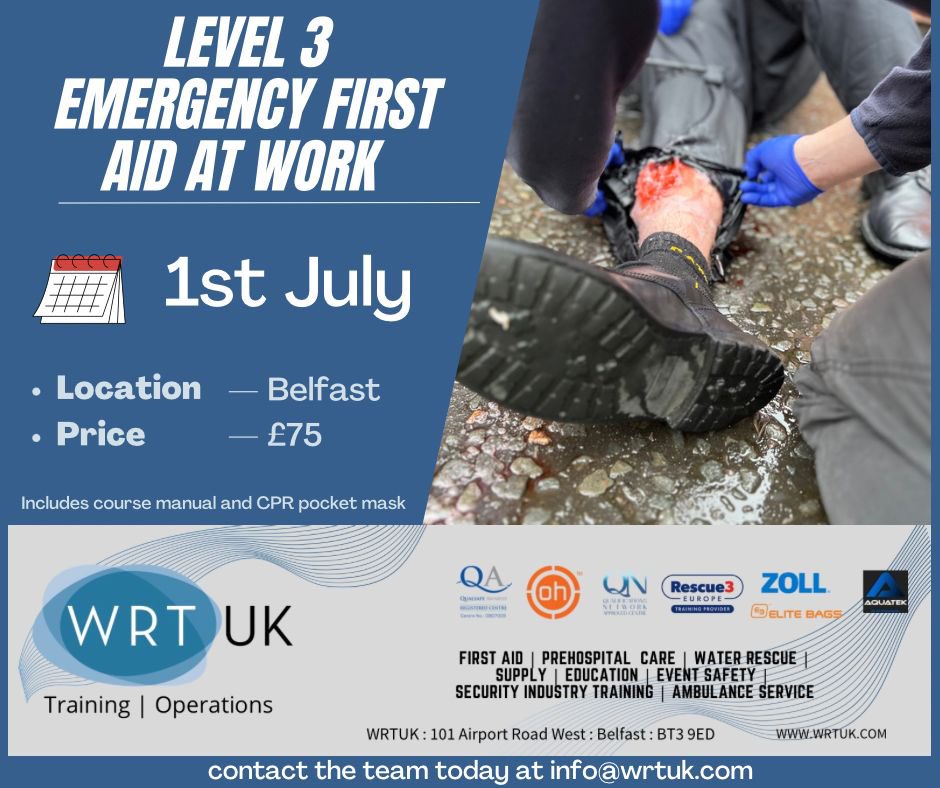 ***SPACES REMAINING***

We have a few spaces remaining on our next Level 3 Emergency First Aid at Work.

To book your place, email info@wrtuk.com

#WRTUK #regulatedtrainingcentre #Belfast #securityindustry #Securitycourses #firstaidtraining #learnnewskills  #firstaidcourses