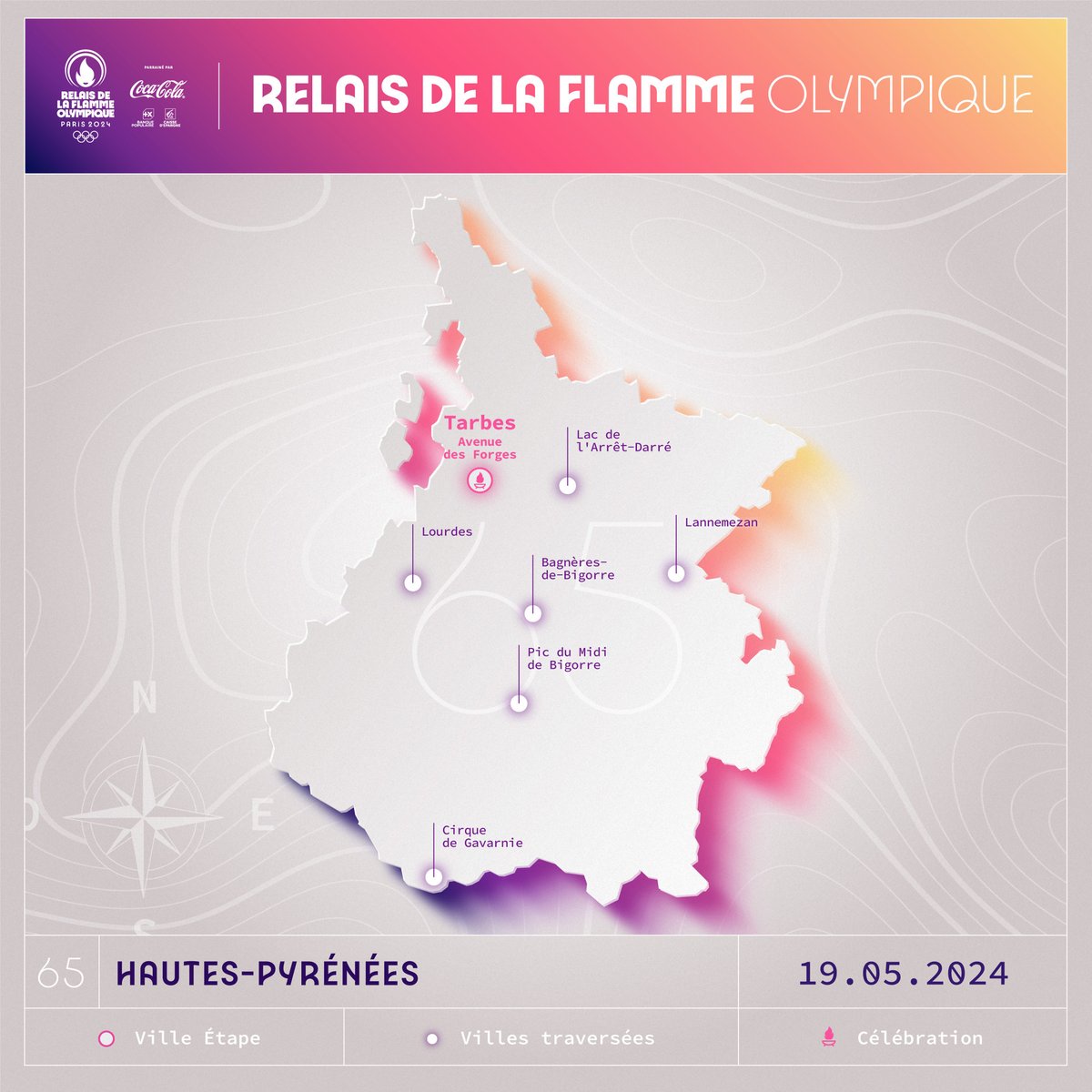 Le 19 mai 2024, la flamme olympique <a href="/Paris2024/">Paris 2024</a> rayonnera dans les Hautes-Pyrénées ! 🔥 Rendez-vous dans 3 sites et 4 villes : le Pic du Midi, le cirque de Gavarnie, le lac de l’Arrêt-Darré, Lourdes, Bagnères-de-Bigorre, Lannemezan et Tarbes !
#paris2024 <a href="/jeuxolympiques/">Jeux Olympiques</a>