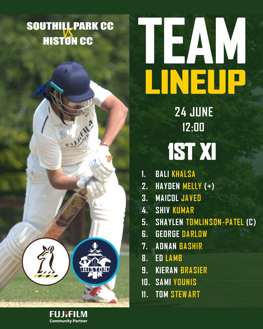 southillcricket's tweet image. #TEAMLINEUP for Saturday's 1st XI game against @histoncc in @whitingdiv1. 

Action starts at 1200 hours and will also be streamed via @frogboxlive.

youtube.com/@southillparkc…

#SPCC #GoDeers #Cricket #Bedfordshire #Cambridgeshire #Frogbox #YouTube #CricketStreaming