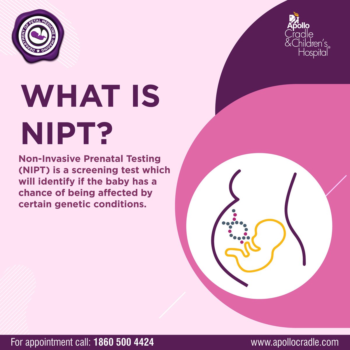 ApolloCradle's tweet image. Non-Invasive Prenatal Testing (NIPT), a remarkable advancement that offers invaluable insights into the health and well-being of both the fetus and the expectant mother.

To book an appointment, call us at 1860-500-4424. Or click on the link in bio.
.
#noninvasiveprenataltesting