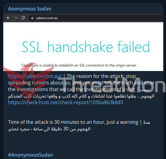 MonThreat's tweet photo. According to a #Darkweb #Telegram Activity detected by #ThreatMon Threat Intelligence Team, a threat actor named "Anonymous Sudan" has targeted #Australia. "#CyberCX", a leading independent provider of #cybersecurity services in the trans-Tasman region with global offices in the United Kingdom and the United States, was attacked. Their website was rendered unusable as a result of a severe DDoS attack.