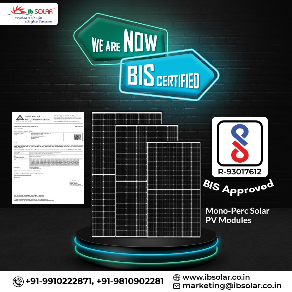 We are pleased to tell you all that IB’s Mono Perc range is also BIS accredited.
This is another milestone hit this year. More to come 🥳
.
.
Visit: ibsolar.co.in 

#bis #bisapproved #approval #monopanels #solar #solarindia