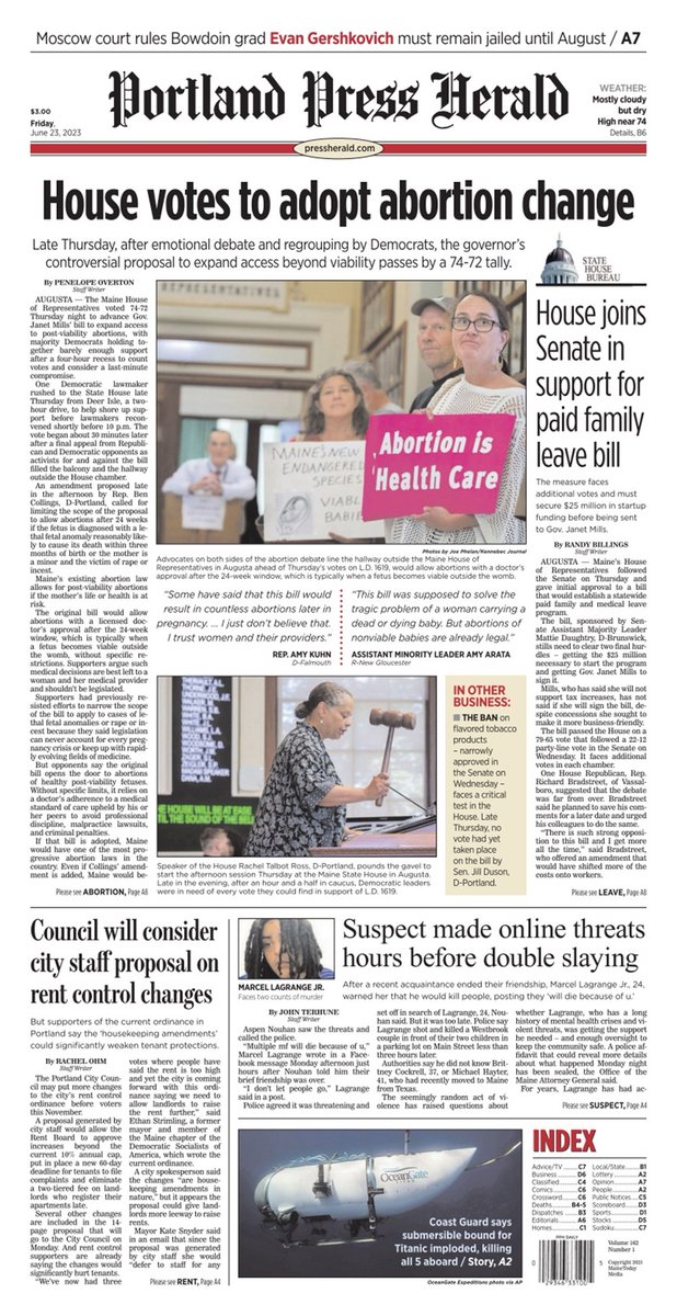 Today's Press Herald front page, Friday, June 23, 2023 pressherald.com  pressherald.com/ePaper