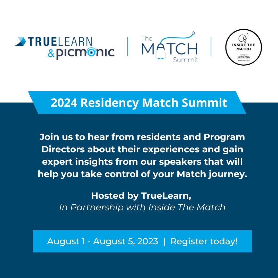 Inside_TheMatch's tweet photo. BIG NEWS: Registration is open for our free and virtual #Match2024 Summit with @TrueLearnLLC. You will hear from program directors and trainees - get lots of tips for the match! Sign-Up: https://t.co/lCMlxYwqc1 #InsideTheMatch #MedTwitter https://t.co/q0hTGN0ekE