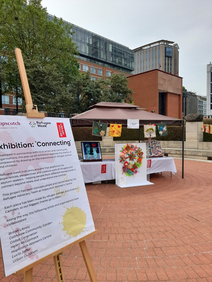 Hopscotchwc's tweet image. Today is the last day we are displaying our Refugee Week exhibition outside at the British Library. Don&apos;t miss out on seeing it, we are here until 4:30pm!

On Sunday we will move it inside for the British Library Refugee Week family activity day, 11am-3pm.