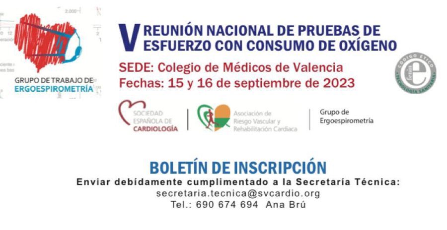 Desde la <a href="/SVCardio/">SVCardio</a> os invitamos a asistir y participar activamente de la próxima reunión de <a href="/Ergoespiro_SEC/">Grupo Trabajo Ergoespirometría SEC</a> que tendrá lugar en Valencia

￼🗓 15-16 septiembre 2023
￼🔖 V Reunión #Ergoespirometrias 

￼ Imperdible reunión #CPET con grandes expertos, plazas limitadas!