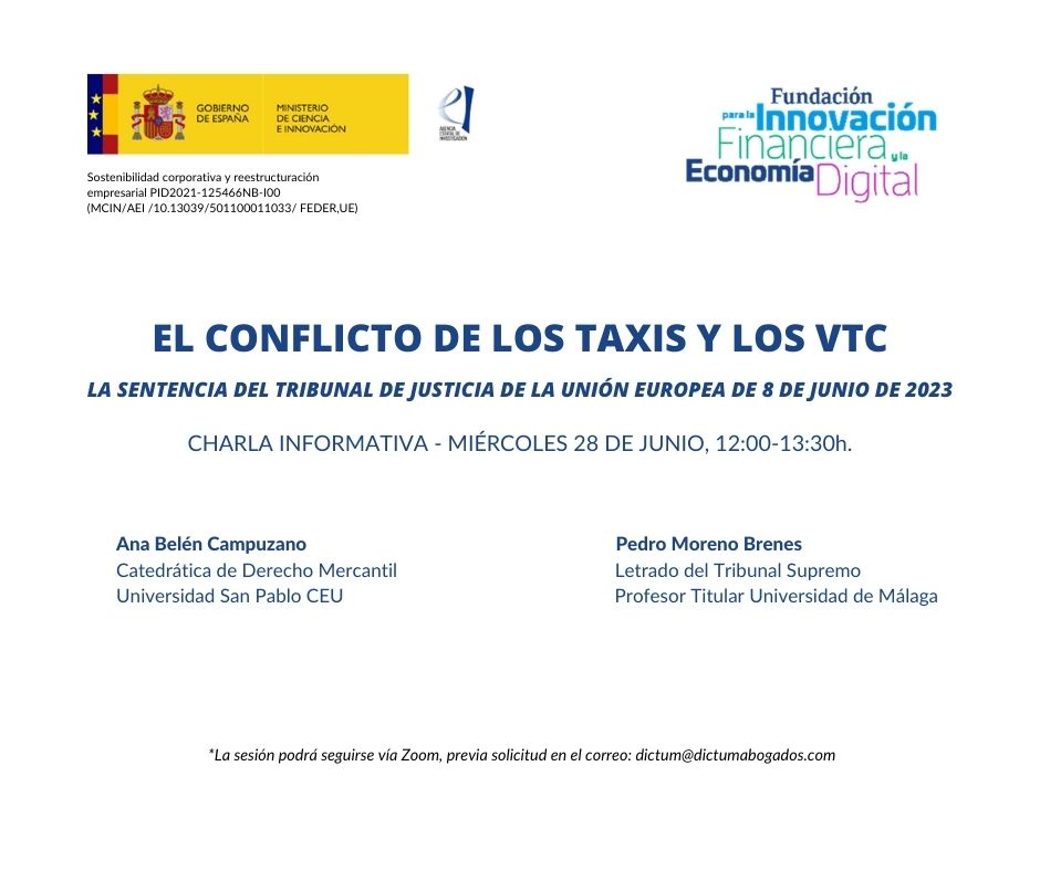 dictumabogados's tweet photo. El próximo 28 de junio tendremos una charla informativa, a tenor de la Sentencia del TJUE, de 8 de junio de 2023: "El conflicto de los #taxis y los #VTC".

Con las intervenciones de Ana Belén Campuzano y Pedro Moreno Brenes. 

Inscríbete para seguirlo online. https://t.co/rl6xsHBrpa