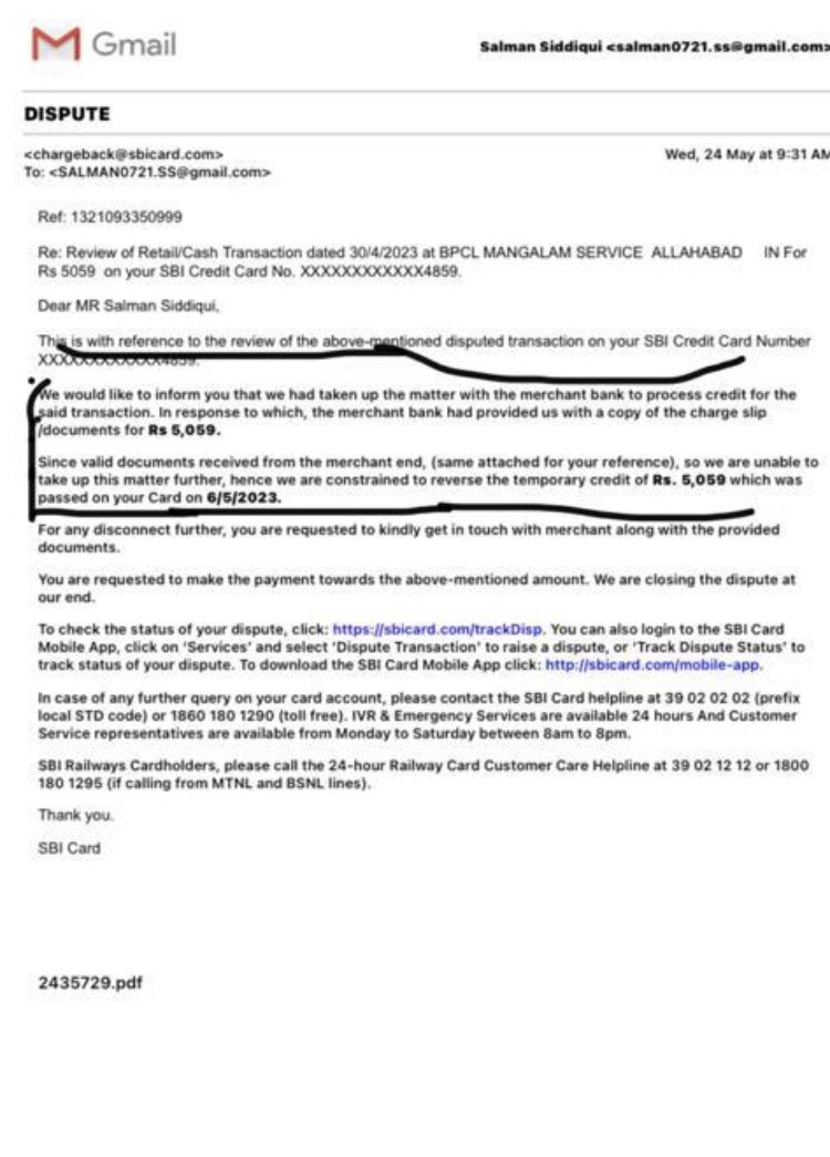 salman00721's tweet photo. @SBICard_Connect @TheOfficialSBI And Email i got from charge back https://t.co/1Lp0qK8o8O