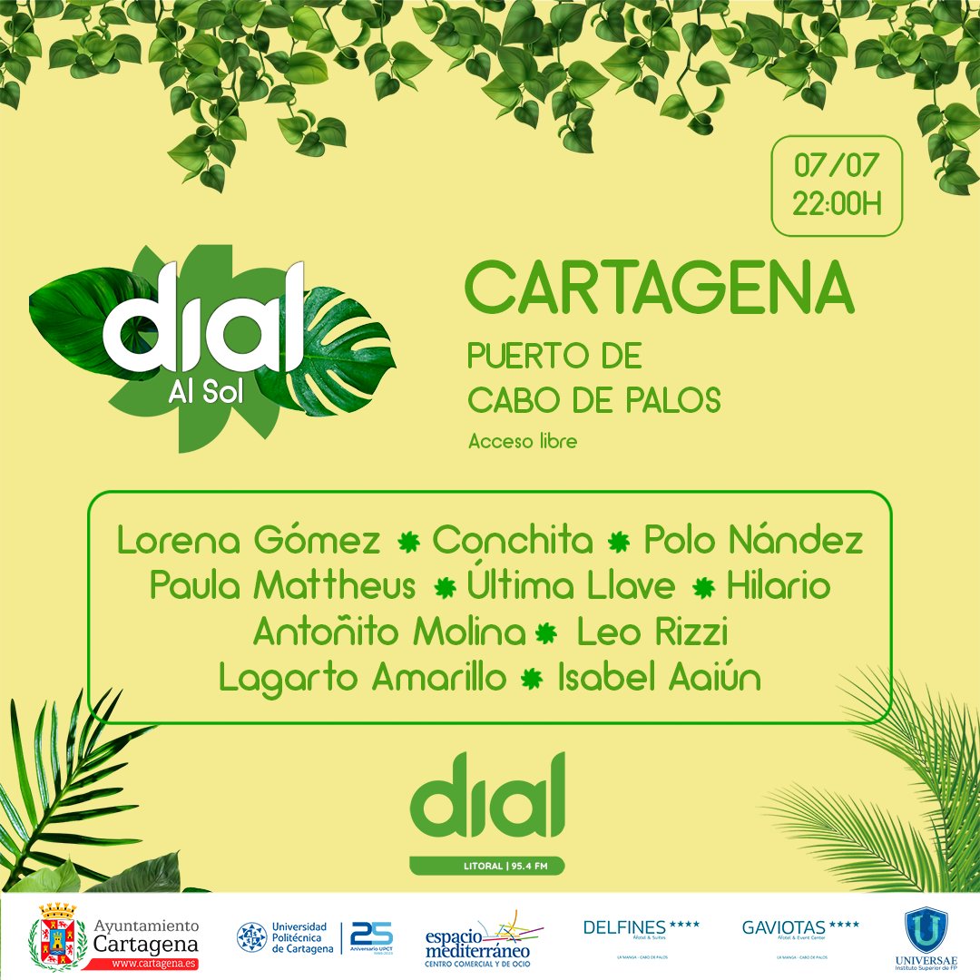 📅 Faltan 2 días para disfrutar de estos grandes artistas en la gira #DialAlSol🌞

<a href="/AytoCartagenaES/">Ayuntamiento de Cartagena</a>  <a href="/EspacioMediterr/">Espacio Mediterráneo</a>
<a href="/upctoficial/">Universidad Politécnica de Cartagena | UPCT</a>

#patrocinado #concierto #gira #verano