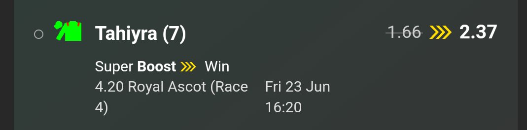 LightningValue's tweet photo. Max bet...

16:20 @ Royal Ascot - Tahiyra 
10pt Win @ 11/8 or 2.37 (Bet365) https://t.co/j4VdCG6y8j