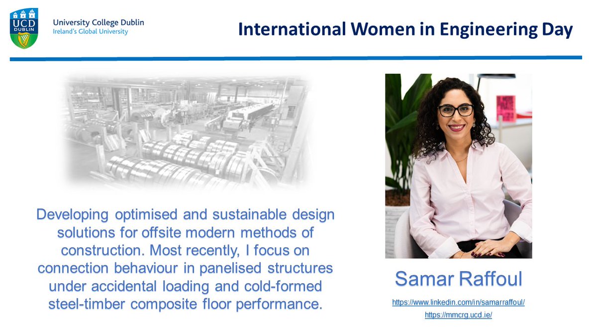 Samar Raffoul is a Marie Curie Fellow at UCD. Samar is passionate about modern methods of construction and the role they play in addressing global social & economic concerns. Here is Samar's poster for #INWED23