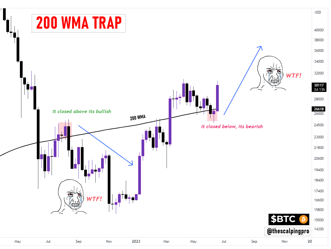 thescalpingpro's tweet photo. #Bitcoin x Trap 🧐

The 200WMA which acted as a solid support during the bear market bottoms for $BTC in 2015 and 2019, is now proving to be a 'trap' set by market makers🤔

#crypto #bitcoin https://t.co/R4TnIhYBJe