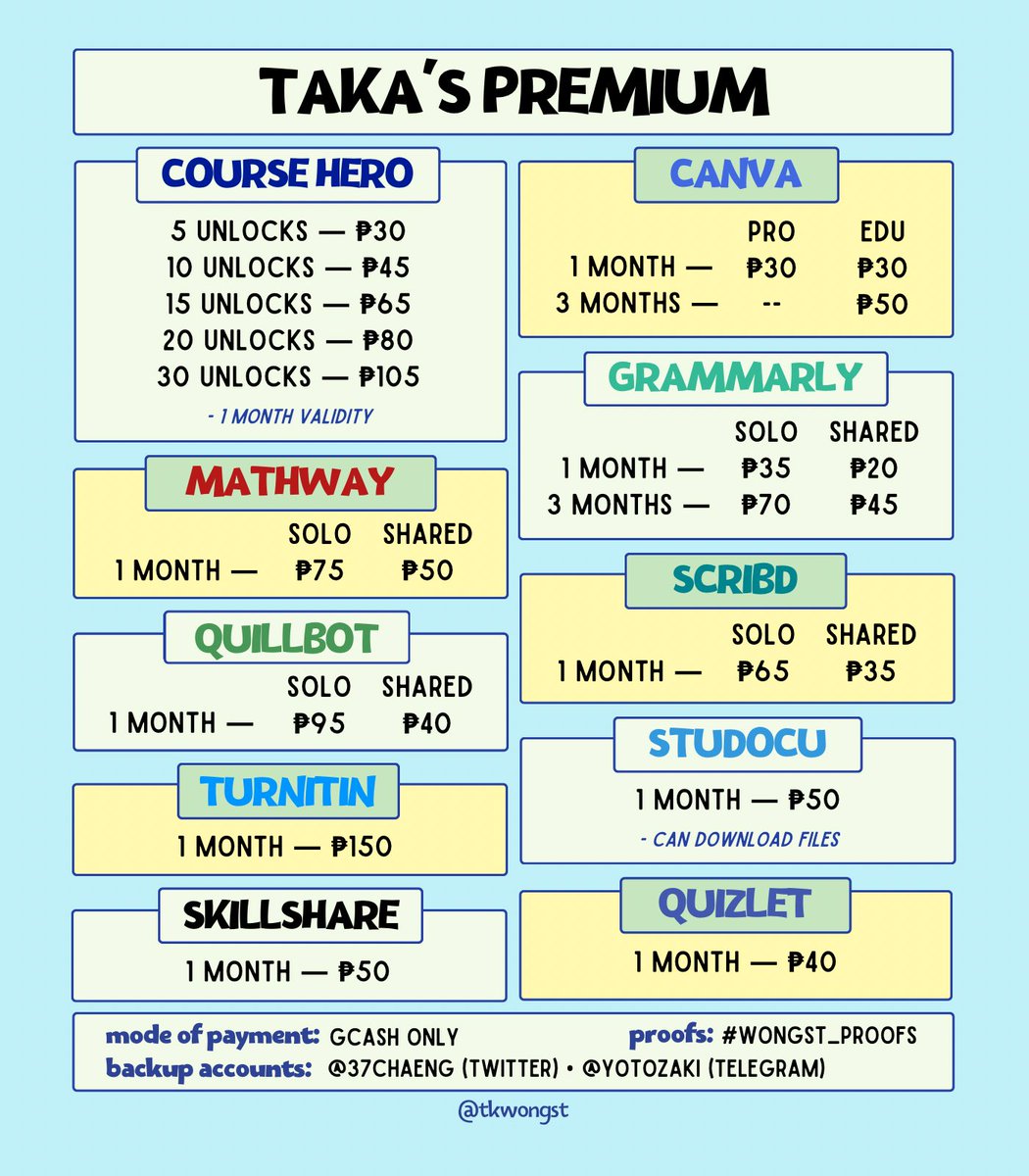 tkwongst's tweet photo. 🐰 [PH] TAKA’S PREMIUM

🥕 canva pro, course hero unlocks, spotify, youtube, viu, iwant tfc, hbo go, grammarly, quillbot, turnitin, disney plus, &amp; netflix!

— check thread for more deets! https://t.co/aqC3JMGUsc
