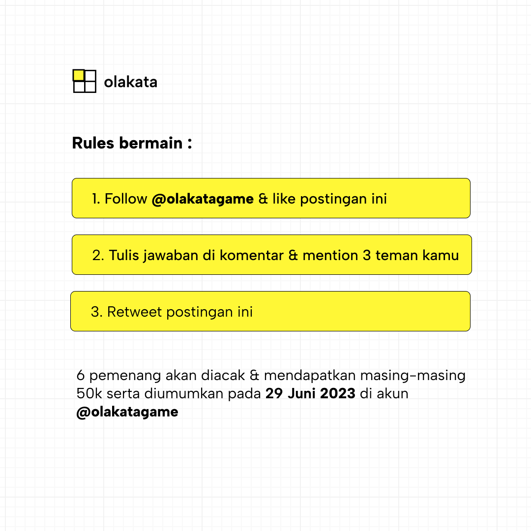 OlakataGame's tweet photo. Ayo temukan nama buah yang tersembunyi &amp; dapatkan 300k utk 6 pemenang 😉

📌 Ketentuan:

1. Ikuti rules bermain di gambar ke 2
2. Tidak boleh spam comment

Temukan kata dan menangkan hadiahnya 🙌

#Olakata #TekaChallenge #InfoKuis #Kuis #GiveawayIndonesia #InfoGiveaway https://t.co/O1RS0sSmQB