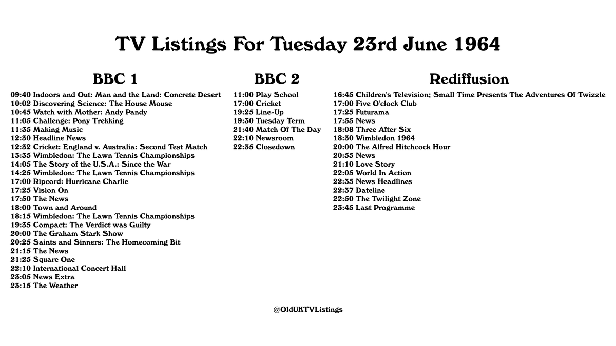 TV Listings For Tuesday 23rd June 1964